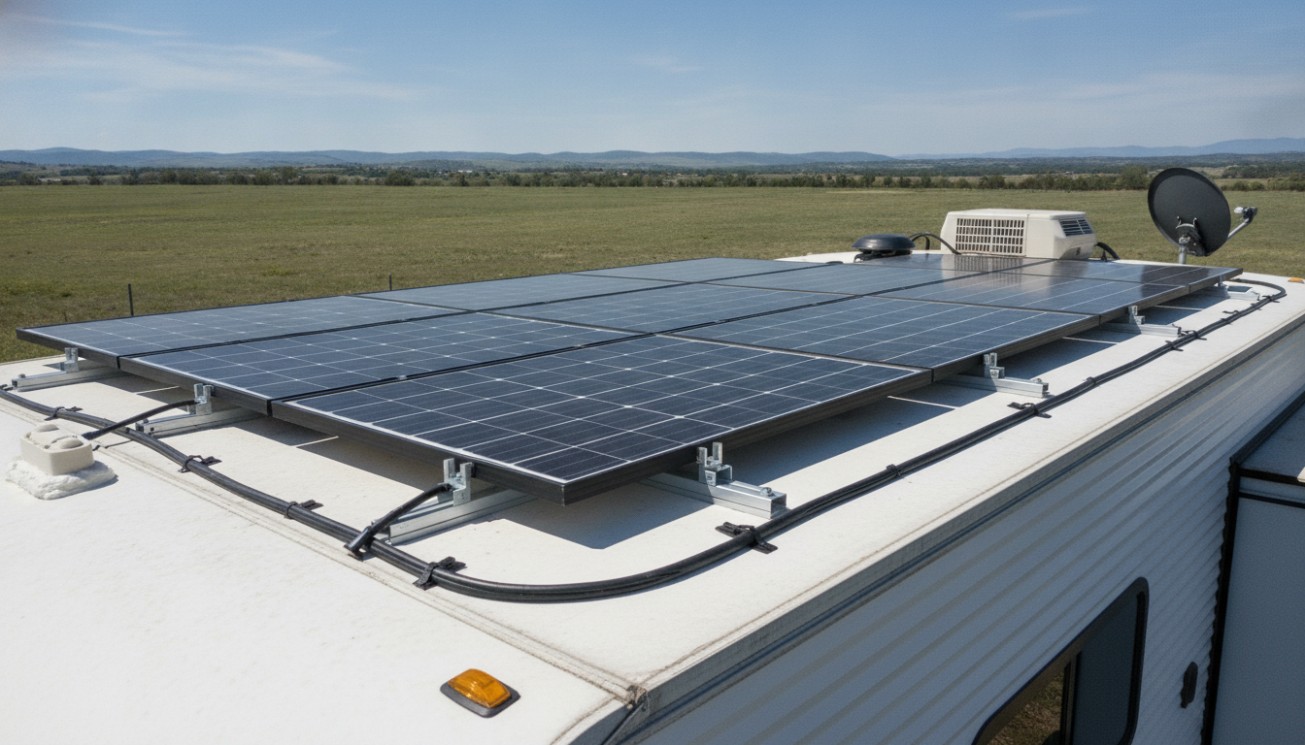 RV solar system testing view showing rooftop solar panels, secure mounting brackets, cable routing and roof installation layout for commissioning checks.